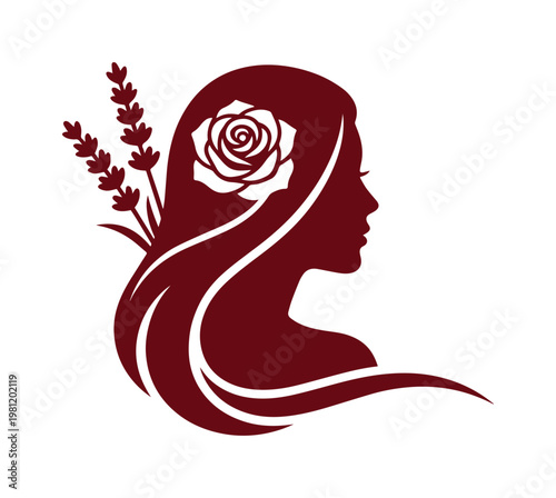 女性の横顔と花々が織りなすエレガントなシルエット、ラベンダーとバラのモチーフが美しい美容と癒しのベクターイラスト素材