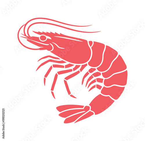 鮮やかな赤色のエビのシルエット、シンプルでモダンな海洋生物のベクターイラスト、シーフードや水生動物のアイコンデザイン、食品関連のプロジェクトに最適なグラフィック素材