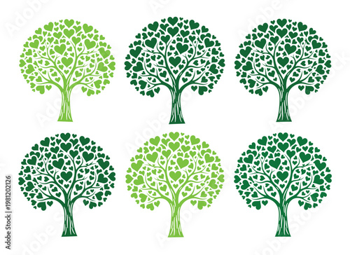 ハートの葉が茂る生命の木、愛と成長を象徴する緑豊かな樹木のベクターイラストセット。環境保護、持続可能性、自然をテーマにしたデザインに最適なエレメント。