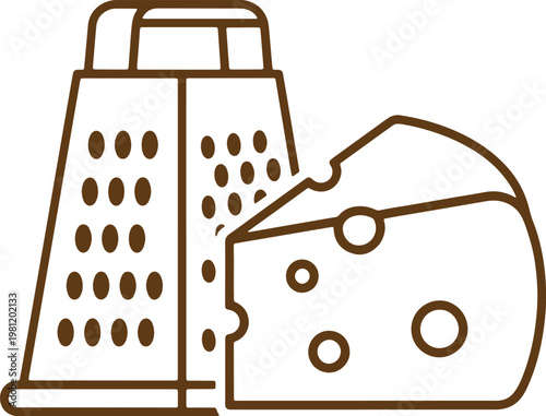 Cheese grater and cheese slice outline drawing for food preparation on transparent background.