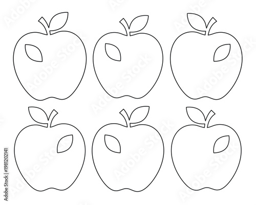シンプルでモダンなリンゴの線画イラストセット。教育素材、塗り絵、健康的な食生活のアイコンに最適な、葉付きの果物ベクター素材。