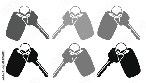 車のキーとキーホルダーのモノクロベクターアイコンセット、自動車のセキュリティとアクセスを示すシンプルなイラスト、交通や不動産関連のデザイン素材