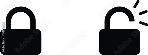 セキュリティとプライバシー保護を示す、施錠と解錠状態のシンプルな南京錠アイコンセット。ウェブサイトやアプリのUI/UXデザインに最適なベクター素材。