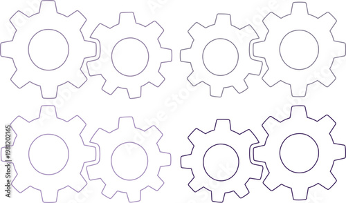精密な歯車とギアのベクターイラストセット、連携とメカニズムを象徴するビジネスコンセプト、テクノロジーと産業デザインに最適なグラフィックリソース