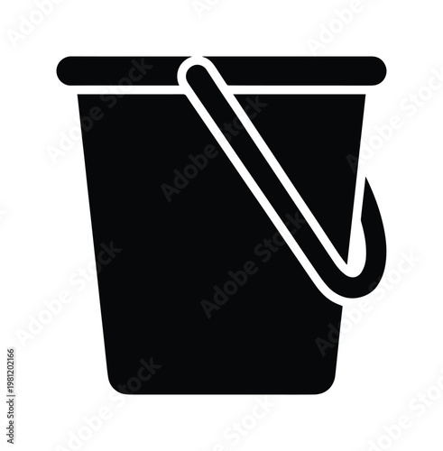 シンプルな黒いバケツのアイコン、掃除や水汲みに使えるミニマルなデザインのベクターイラスト素材、ウェブサイトやアプリのUI/UXデザインに最適なグラフィックリソース