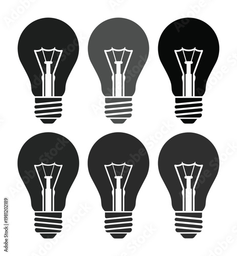 電球のモノクロベクターアイコンセット、アイデアやひらめきを表現するシンプルな電球イラスト素材、ビジネスや教育用途に最適な光のシンボルコレクション