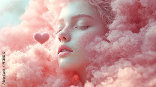 A serene woman rests among soft pink clouds with a floating heart nearby. Love, tenderness, self-care, and dreamy Valentine emotion define the surreal concept.