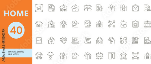 Modern Home Line Icons Set Real Estate Property House Editable Stroke Vector Collection.
