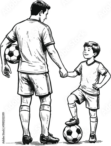 Father and son soccer players holding hands