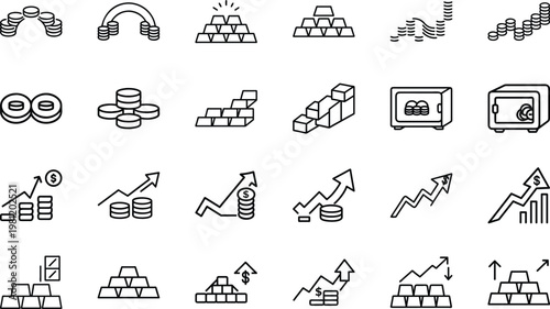 Business finance icon set with gold bars coins and profit growth charts on transparent grid.