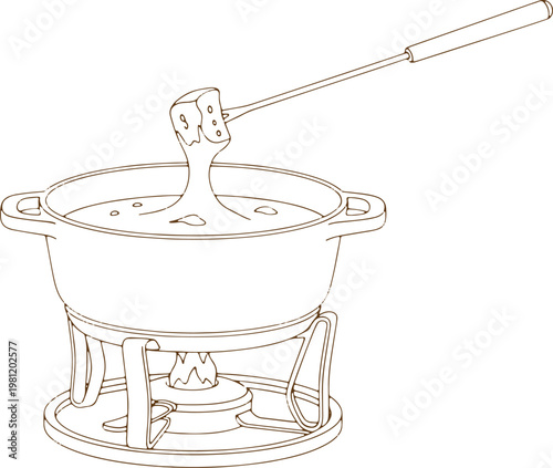 Fondue pot with cheese and bread on fork food outline vector illustration.