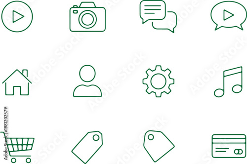 Minimalist green vector icon set featuring common interface symbols for web and app design.