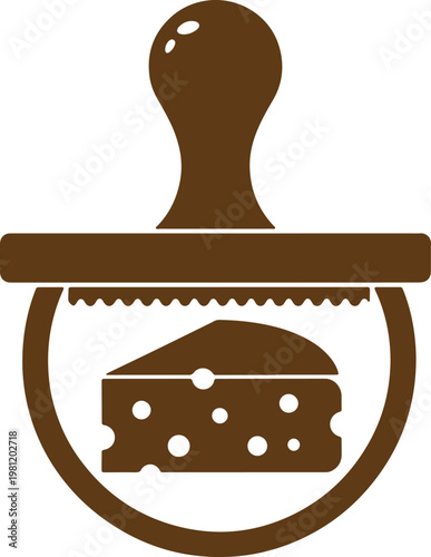 A brown cheese grater with a wedge of cheese inside on transparent background.
