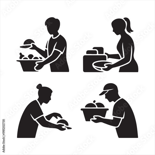 Cartoon illustration of a waiter with a tray serving silhouettes of people sitting on chairs in a cafe, featuring a business person working on a laptop at an office desk pictogram symbol