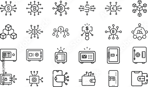 Crypto currency blockchain network icons set for fintech security and digital asset mining.