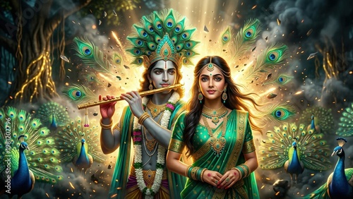 Radha Krishna peacock forest divine nature wallpaper