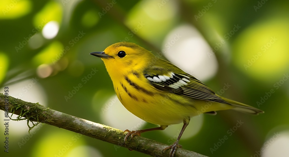 Obraz premium Vibrant yellow and black warbler perched on a leafy branch in nature