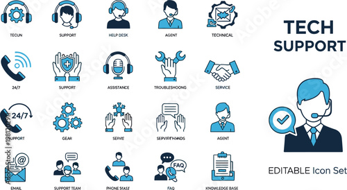 Tech support flat icon set with customer service help desk communication troubleshooting and assistance symbols for web applications