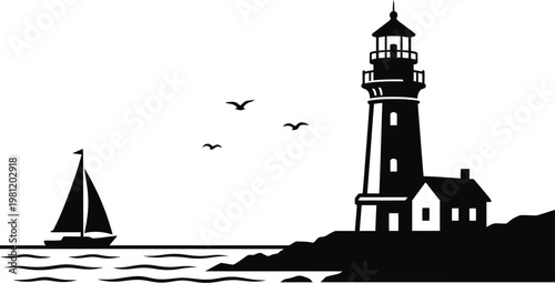 Silhouette of a lighthouse with a sailboat and seagulls