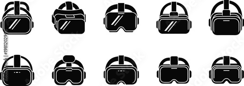 Black virtual reality headset silhouette vector icons set with diverse AR VR goggle designs for technology, gaming, innovation, digital illustration