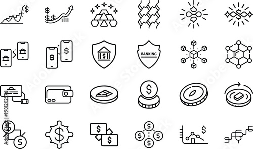 Digital banking and cryptocurrency network icons for secure online financial ecosystems.