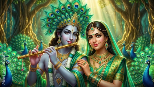 Radha Krishna peacock forest divine nature wallpaper