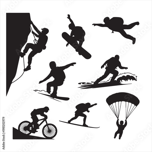 Black vector silhouettes of people featuring a man on a skateboard and a boy running with a soccer ball in an action-packed sport illustration