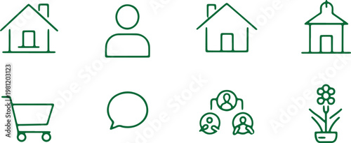 Collection of linear icons for home, people, and communication green.