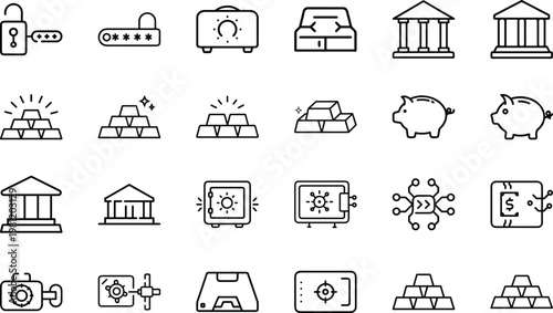 Financial icons with safes piggy banks gold bars and cryptocurrency symbols.