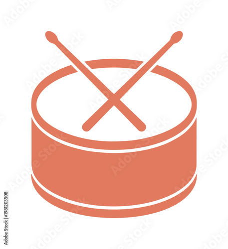 ドラムとドラムスティックのシンプルなベクターアイコン、音楽とリズムを表現するミニマルな楽器イラスト、エンターテイメントやイベントのグラフィック素材