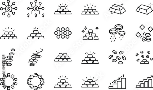 Gold bars and precious metal coins icons for banking reserves and wealth storage concepts.