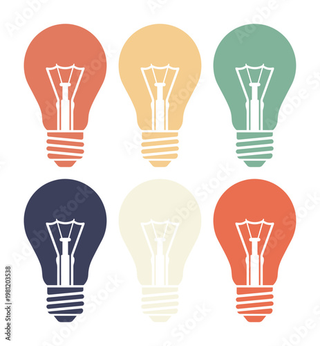レトロでカラフルな電球のベクターイラストセット。ヴィンテージ感あふれるアイデアと創造性のシンボル、ビジネスや教育コンテンツに最適な6つの電球アイコンコレクション。