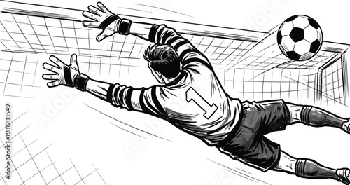 Goalkeeper diving to save a soccer ball in the goal