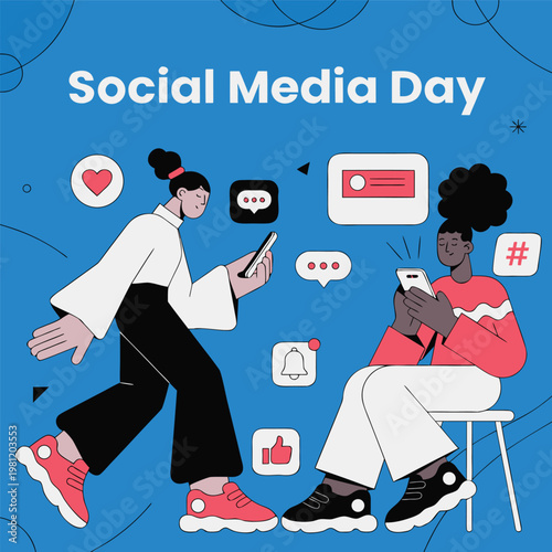 Celebrating social media day with diverse people and digital communication icons