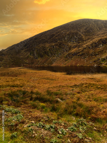 Wallpaper Mural A vast mountain rises under a vibrant orange sunset sky. A calm, dark lake rests at its base, surrounded by golden and green moorland vegetation in the foreground. Torontodigital.ca