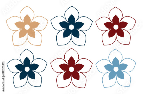 和風でモダンな桜の花びらアイコンセット、6種類のカラーバリエーション。春の訪れを告げる美しい花、日本の伝統的な美意識を表現したベクター素材。