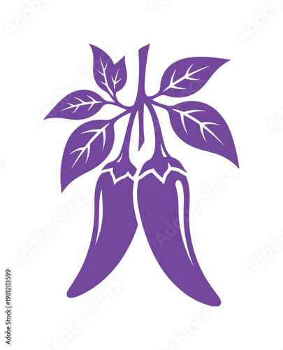 鮮やかな紫色の唐辛子、葉付きの辛いチリペッパーベクターイラスト。料理、スパイス、メキシコ料理のアイコンデザインに最適な、シンプルでモダンな植物モチーフ。