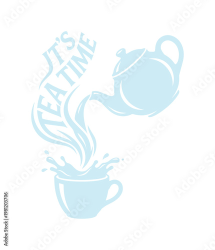「IT'S TEA TIME」の文字と湯気が舞う、ティーポットからカップへお茶を注ぐ瞬間を捉えたエレガントなモノクロベクターイラスト。カフェや紅茶専門店のロゴ、メニューデザイン、ウェブサイトの装飾に最適な、洗練されたティータイムのシンボル。