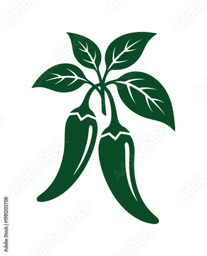 鮮やかな緑色の唐辛子と葉のベクターイラスト、料理やスパイスのテーマに最適なシンプルでモダンなデザイン、辛味と風味を象徴するアイコン素材