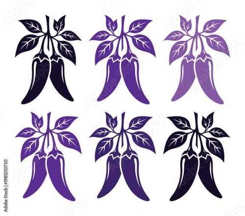 紫色の唐辛子と葉のベクターイラストセット、スパイシーな料理やメキシコ料理のアイコン素材、モダンなデザイン要素、食品関連のグラフィックリソースに最適