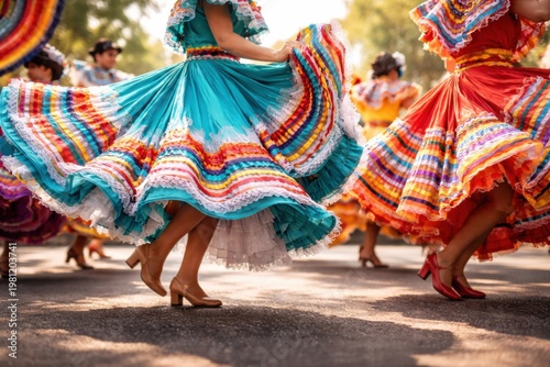 Folklorico dancers in traditional mexican dresses performing vibrant cultural dance outdoor.