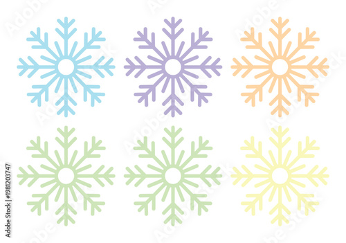 パステルカラーの雪の結晶ベクターセット、冬の季節感を表現する繊細なスノーフレークアイコンコレクション、クリスマスやホリデーデザインに最適なグラフィック素材