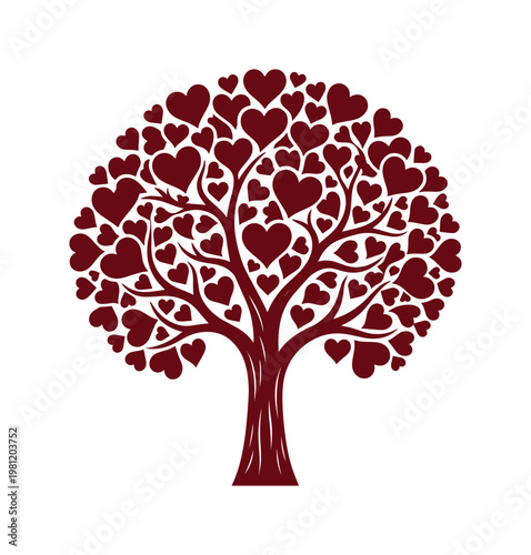 愛と生命の象徴、ハートの葉が茂るロマンチックな木。バレンタインデーや結婚式のデザインに最適な、温かみのあるイラストレーション。