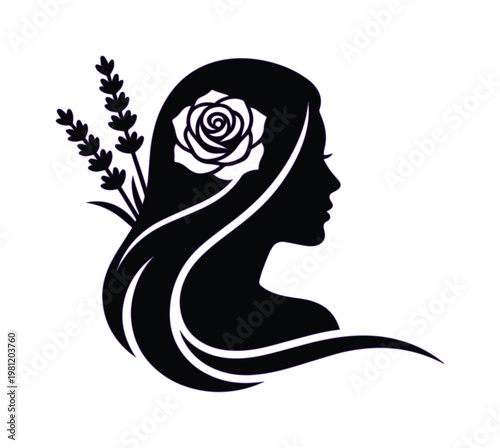 女性の横顔と花々が織りなすエレガントなシルエット、バラとラベンダーが髪を飾る美しいベクターイラスト、美容、ファッション、ウェルネス関連デザインに最適なグラフィック素材