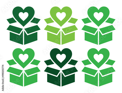 ハートの贈り物、緑色のギフトボックスと愛のシンボル、慈善活動や寄付のコンセプトに最適なベクターアイコンセット、6種類のデザイン