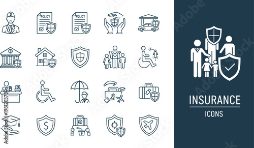 Insurance line icon set with protection policy family health travel property and financial security symbols for business applications