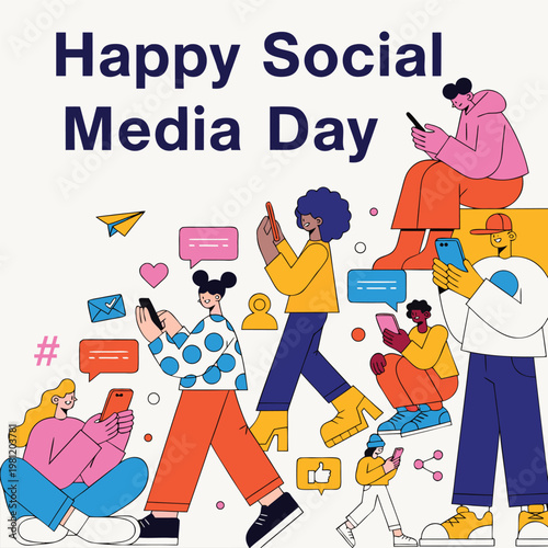 Diverse group of people using smartphones celebrating social media day