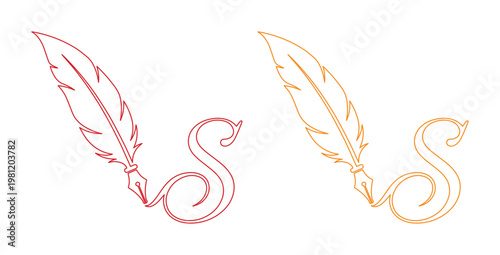 エレガントな羽ペンとインクのベクターイラストセット、手書き風の流れるような線画デザイン、執筆や文学を象徴するアイコン素材、教育やクリエイティブなプロジェクトに最適なシンプルで洗練されたグラフィックリソース