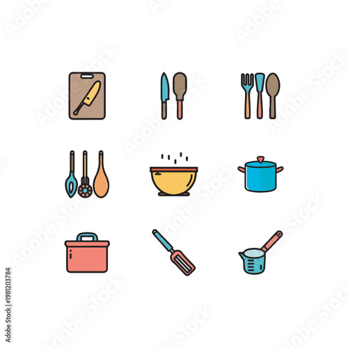 Set of 9 kitchen tools icons, cooking utensils collection, simple cartoon style kitchen equipment, spoon fork, knife, pan, whisk, spatula icons set