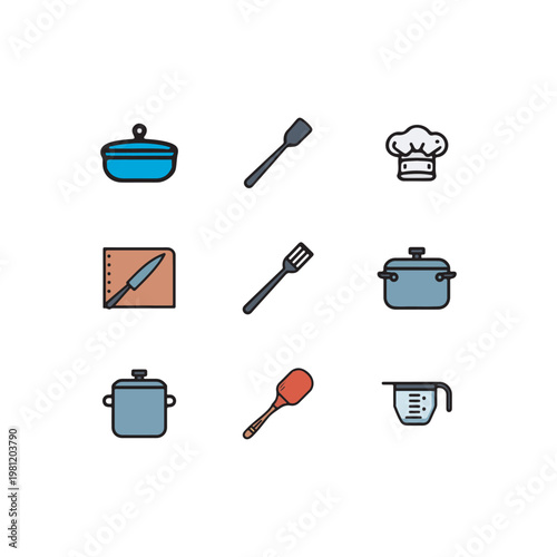 Set of 9 kitchen tools icons, cooking utensils collection, simple cartoon style kitchen equipment, spoon fork, knife, pan, whisk, spatula icons set